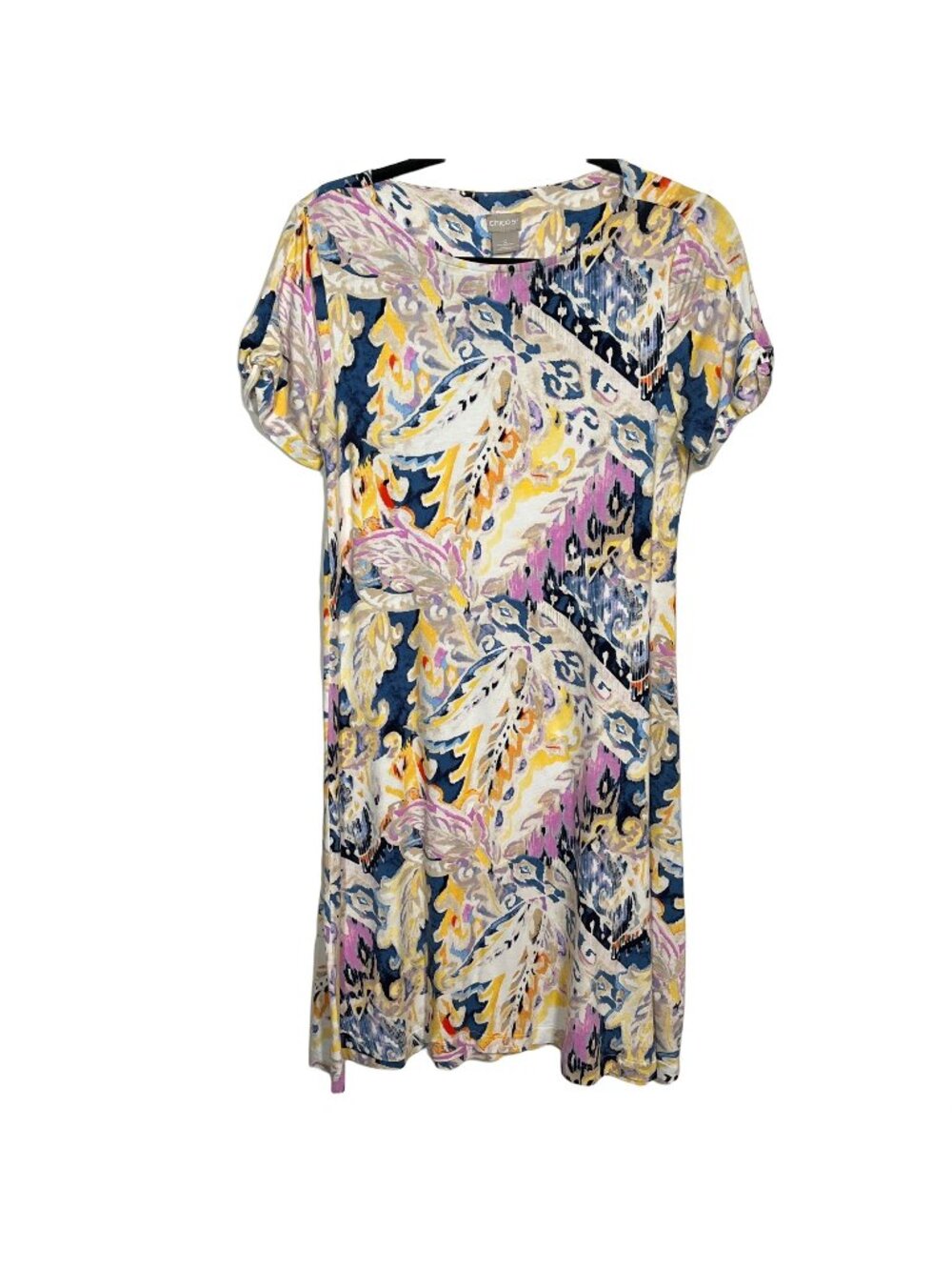 Chicos Womens Size 0 S Blue Yellow Paisley Shift Dress Short Sleeve Stretch